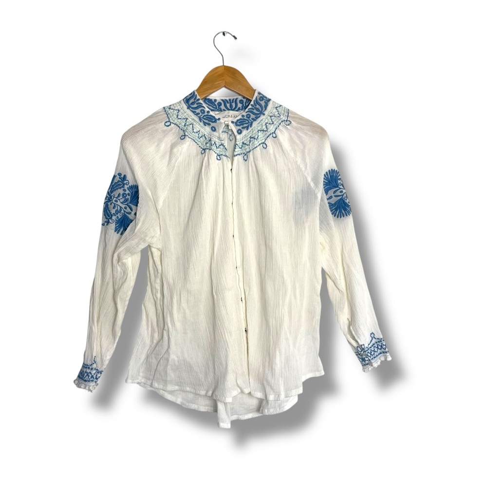 The Great. The Traveler White Blouse Blue Embroidery Floral Cotton Gauze Small/1
